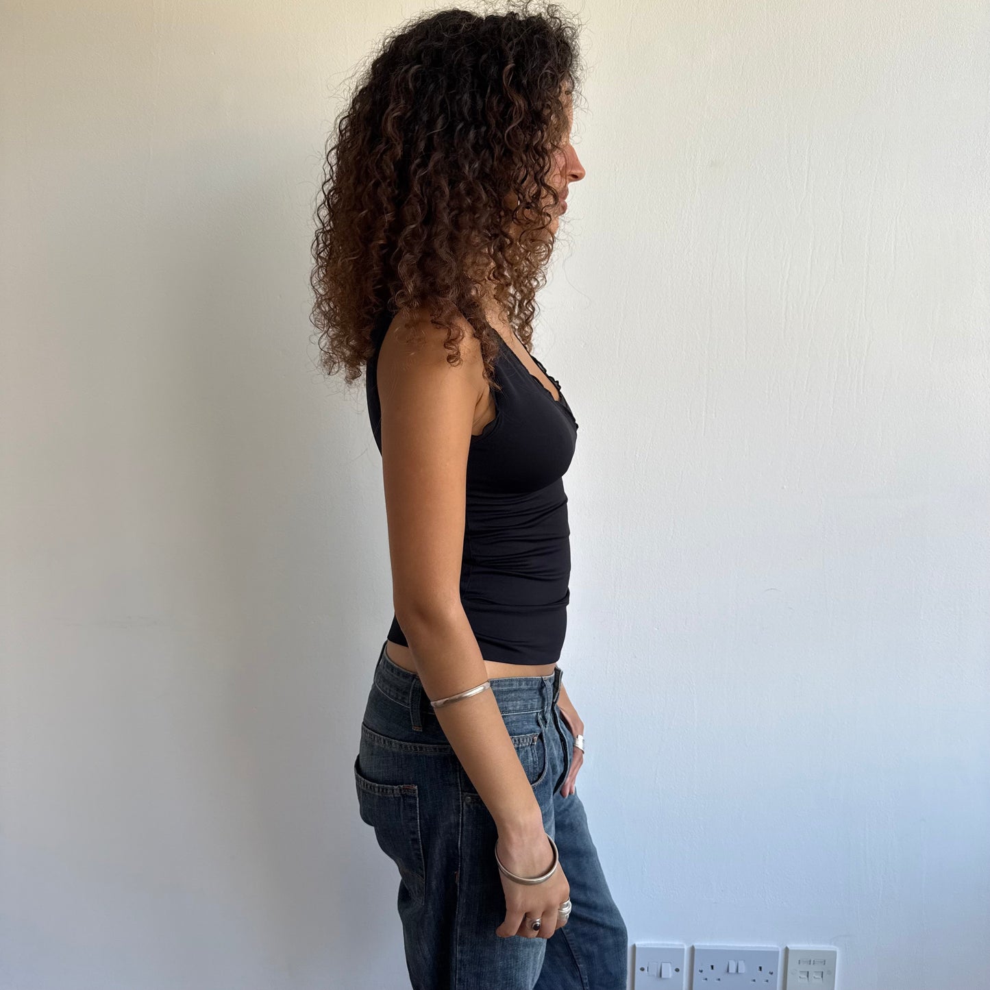 Black wrap ruffle top - Size S + M