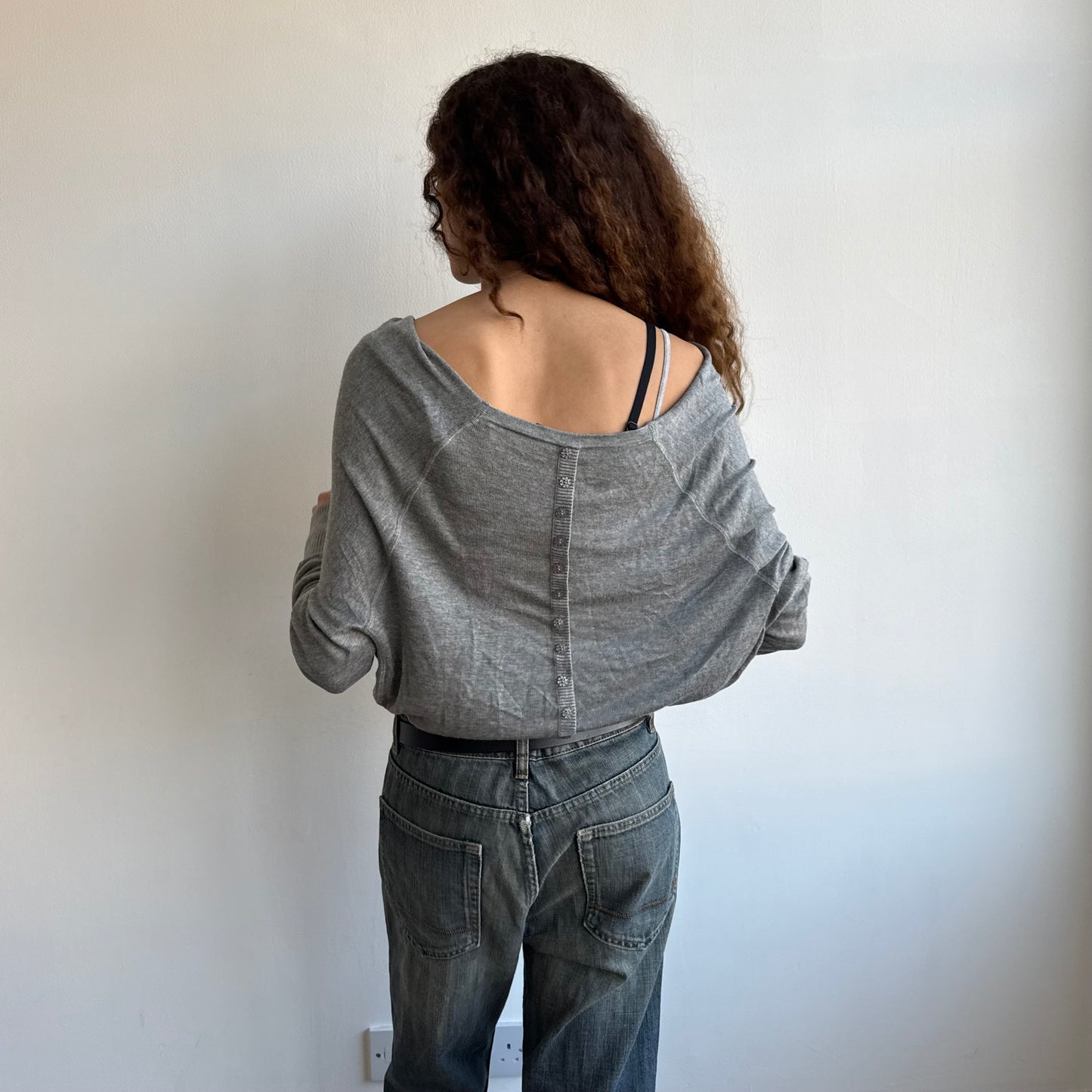 Grey slouchy button batwing jumper - Size M