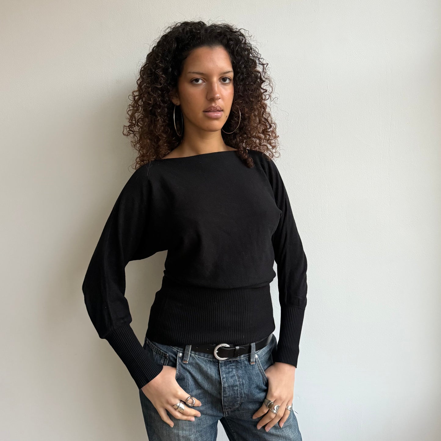 Black slouchy batwing jumper - Size S
