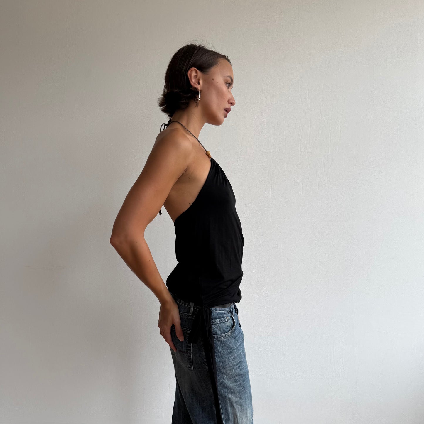 Black bead halter ruffle top - Size S