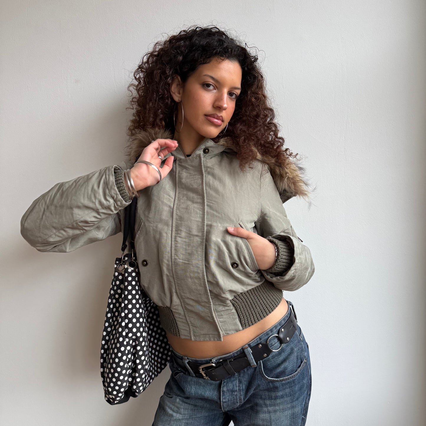 Khaki fur hood bomber - Size S