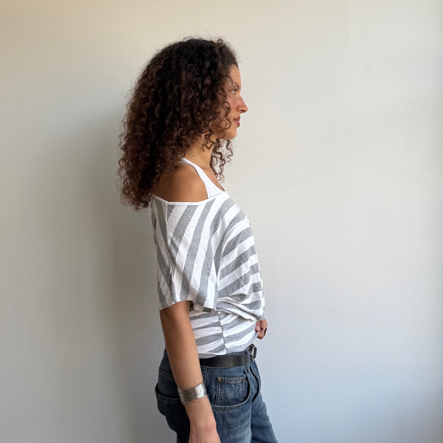 Grey + white striped 2in1 top - Size M