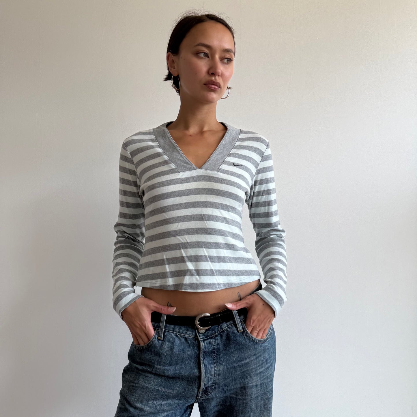 Grey Nike stripe v-neck top - Size S