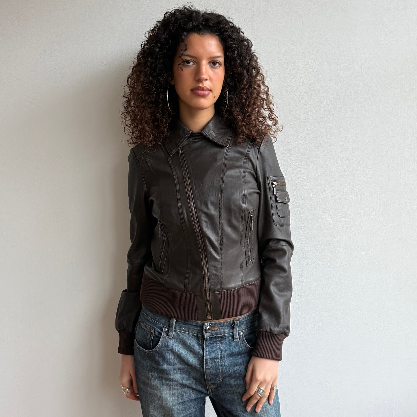 Brown asymmetric zip leather jacket - Size S