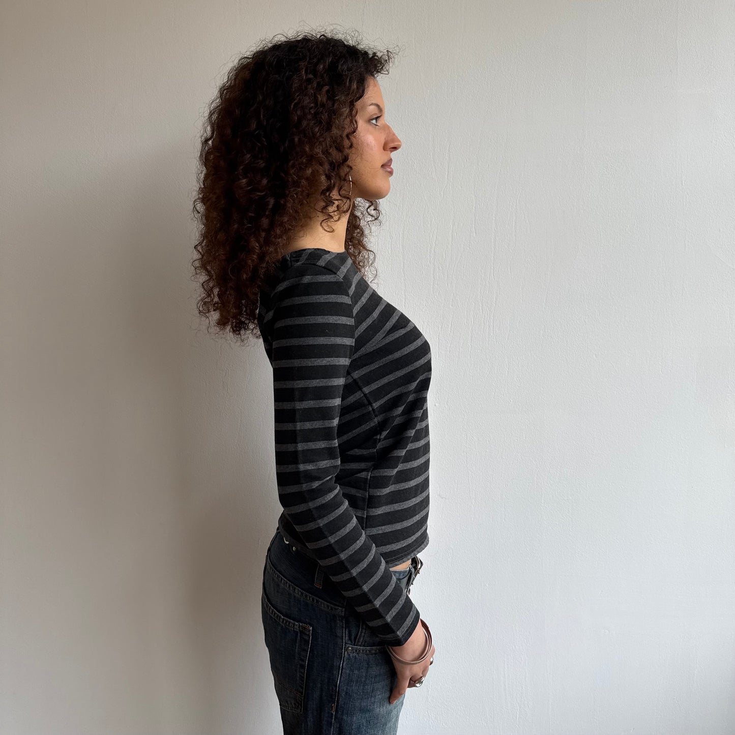 Black + grey striped long sleeve - Size S
