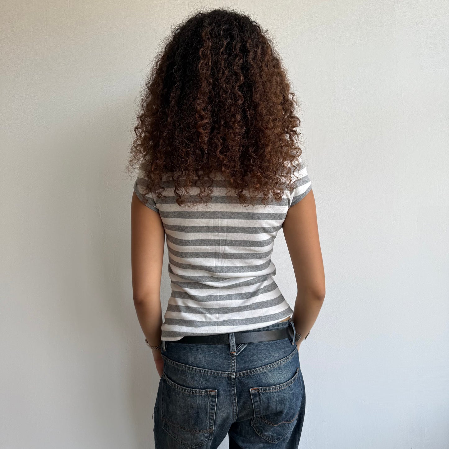 Grey + white striped polo - Size S/M