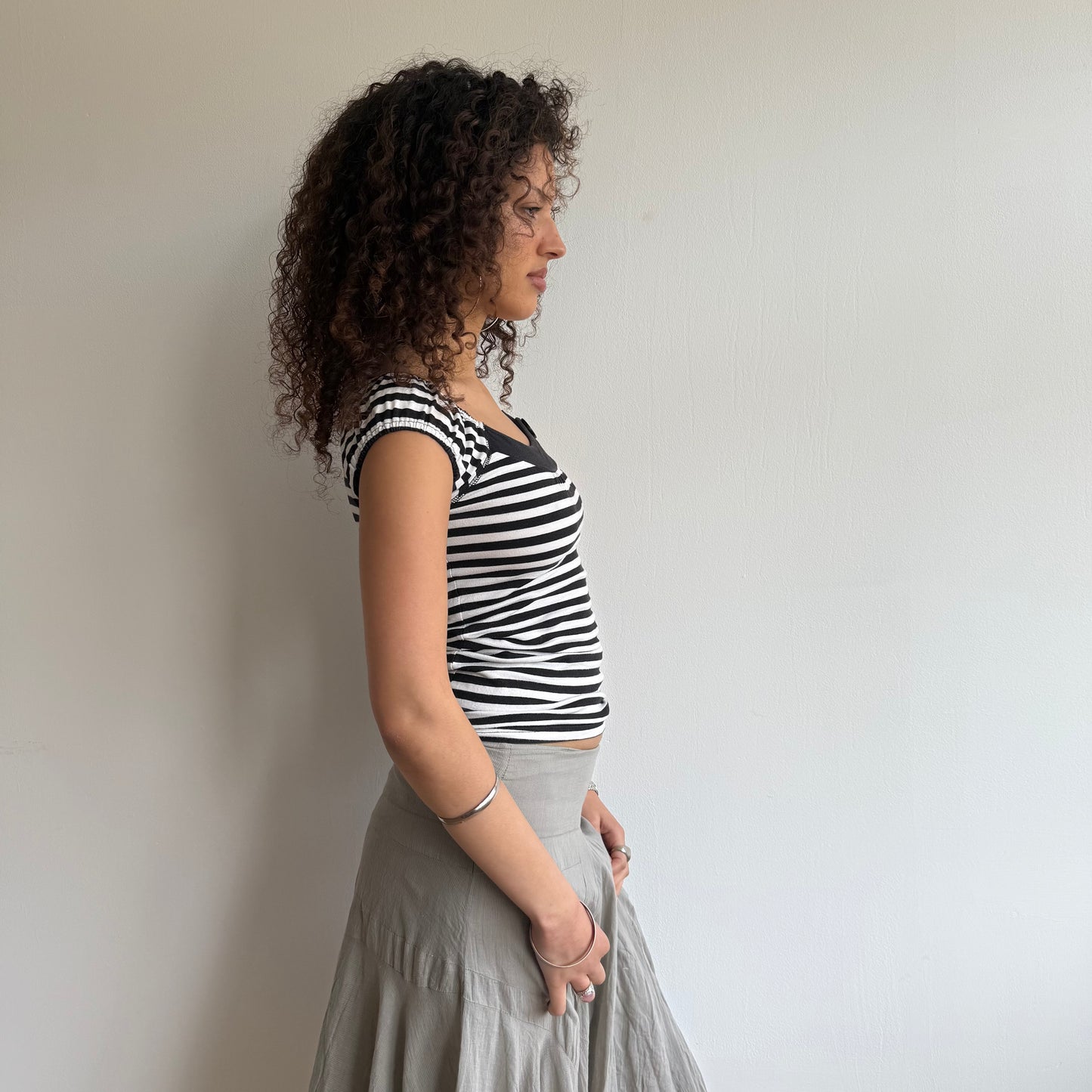 Black+ white striped button top - Size S