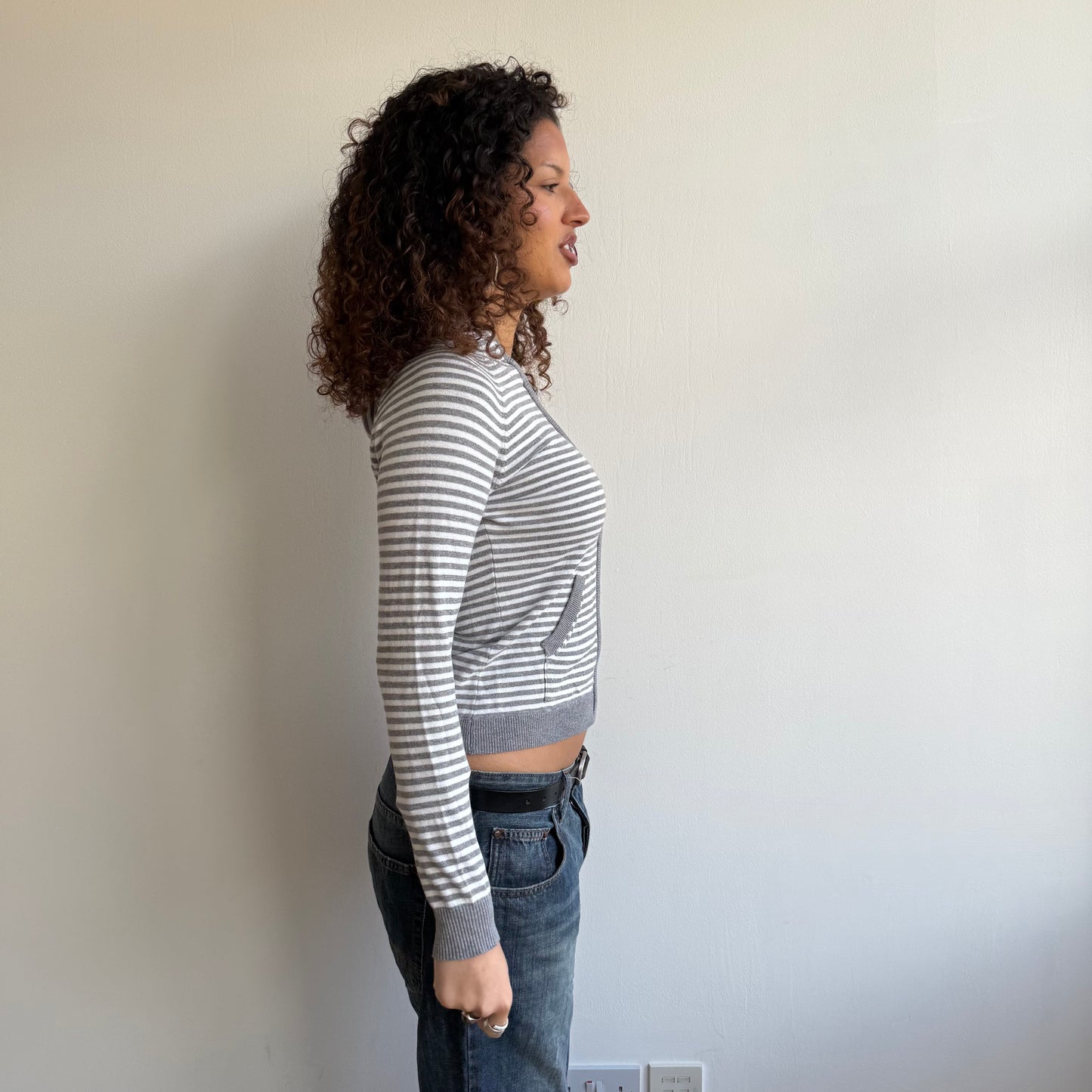 Grey + white striped knit hoodie - Size XS, S + M