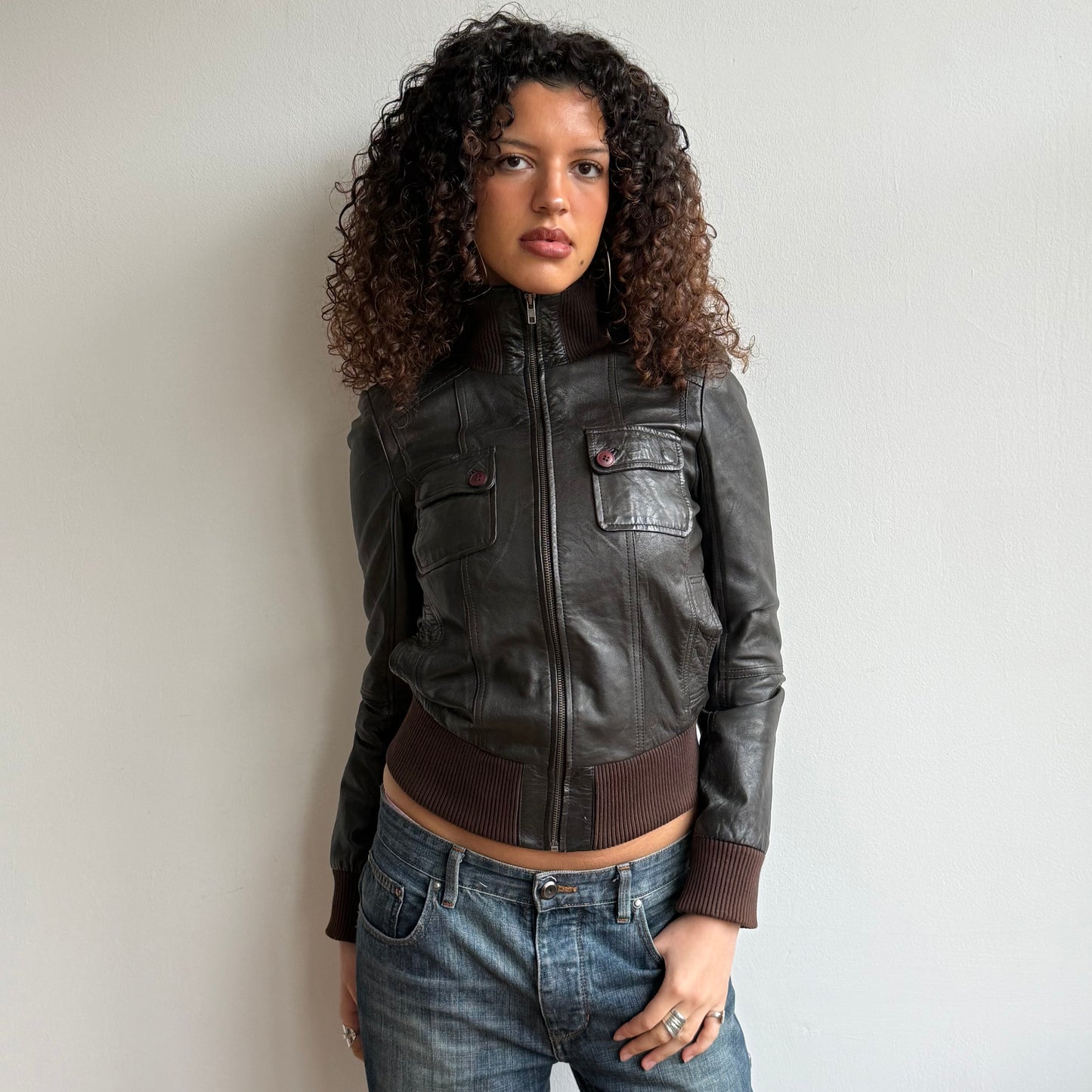 Brown leather jacket - Size S