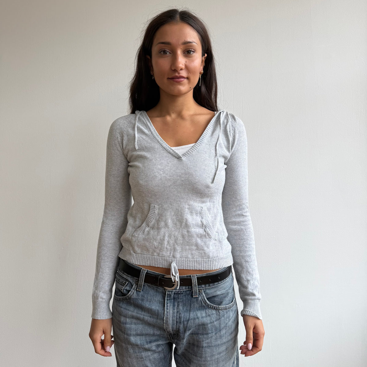 Grey v-neck tie waist hoodie - Size S