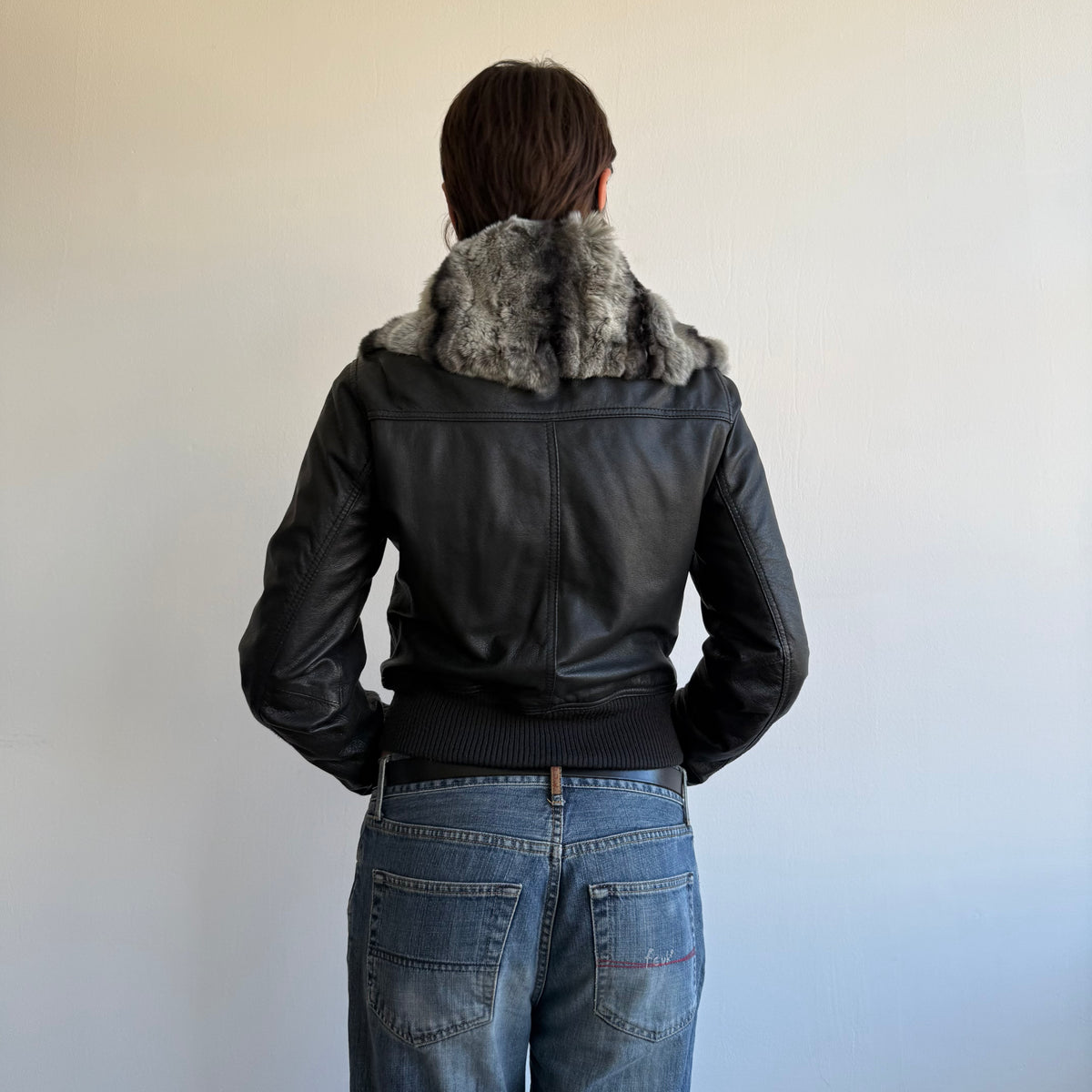 Black leather fur collar bomber - Size S/M