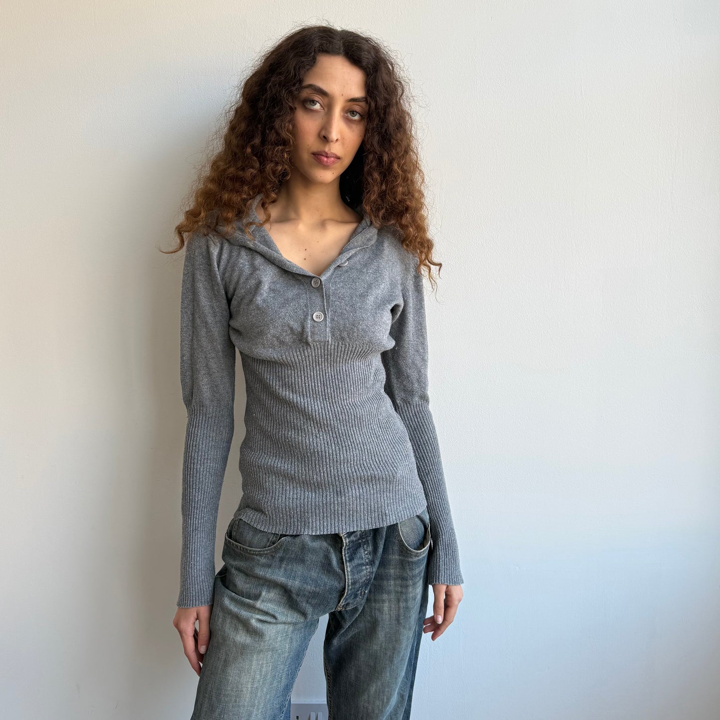 Charcoal hooded button knit - Size S