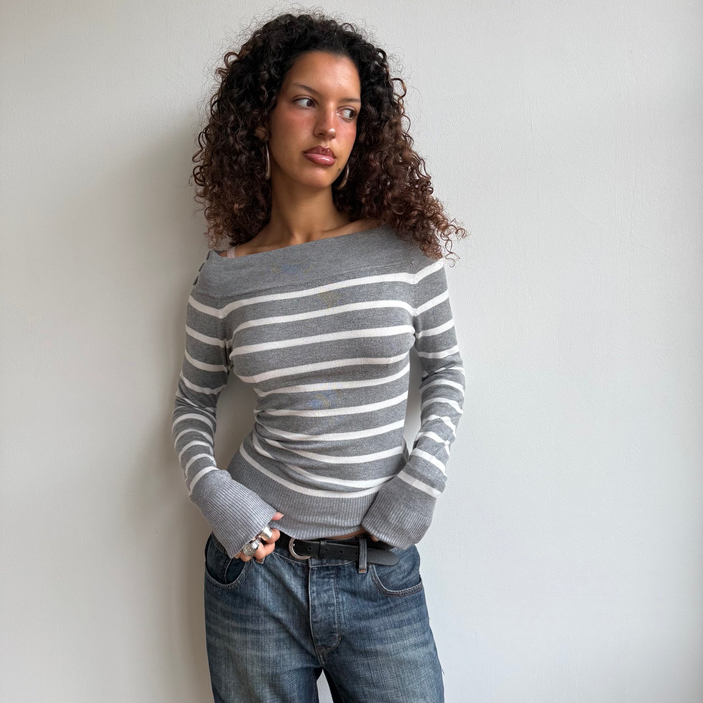 Grey + white striped bardot knit - Size S/M