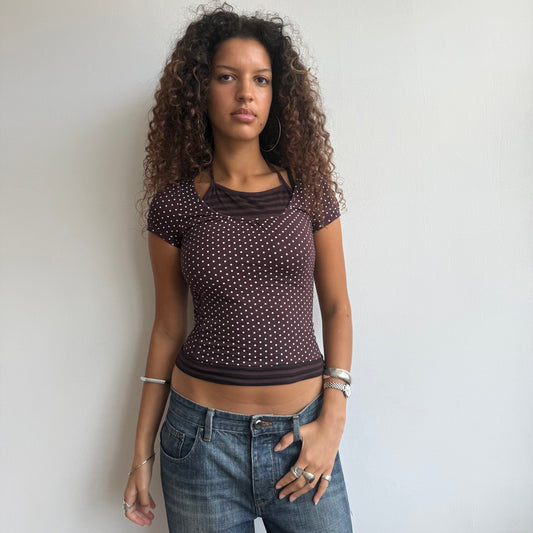 Brown polka dot striped halter top - Size S