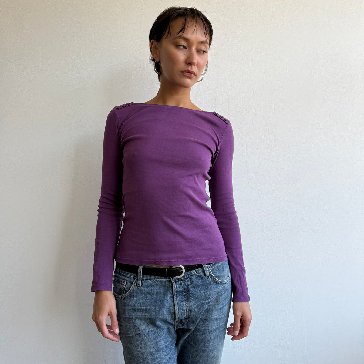 Purple button shoulder top - Size S