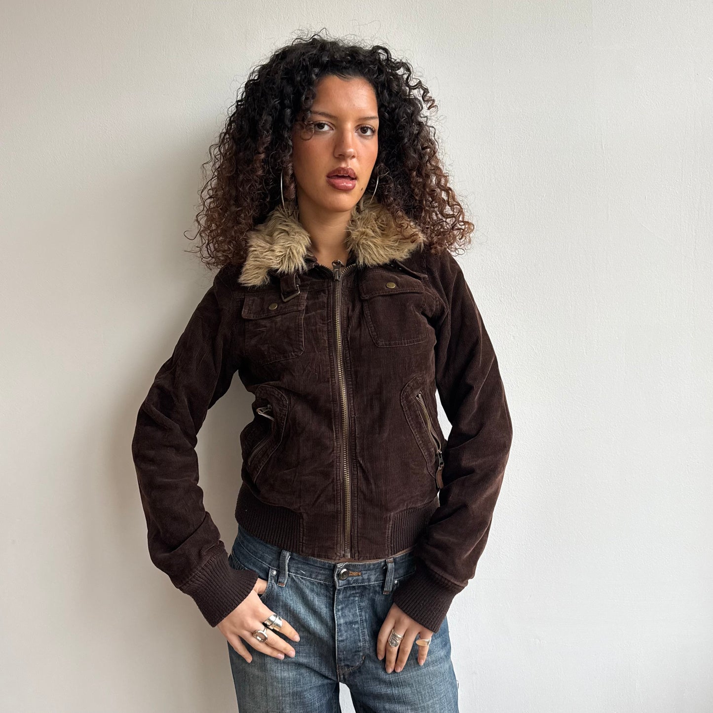 Brown cord fur collar bomber - Size M