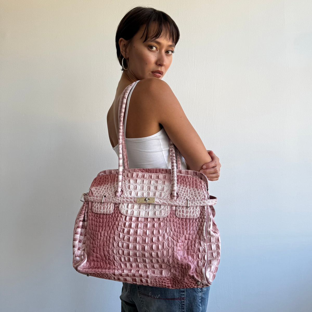 Pink snake leather firkin bag - One Size