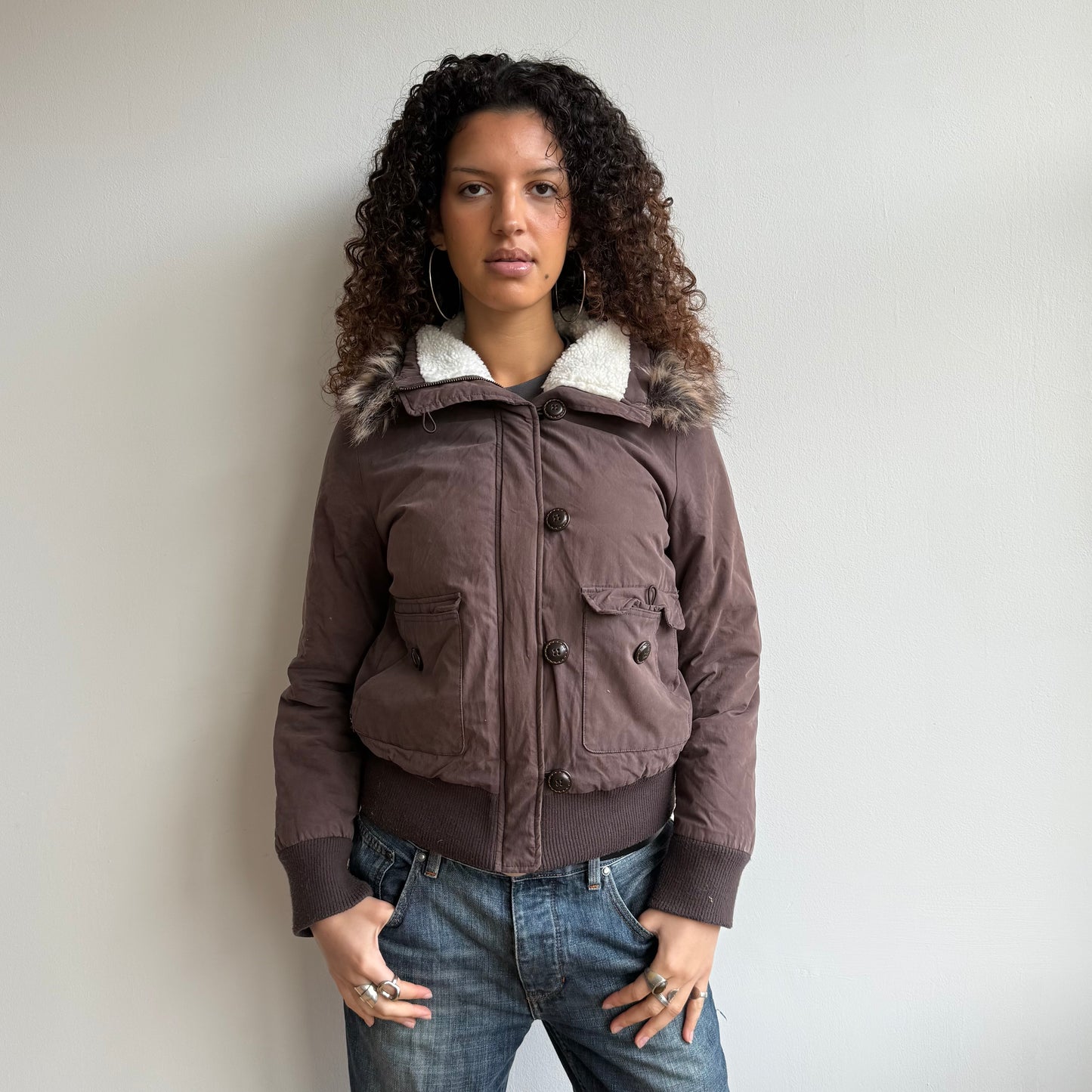 Brown fur collar puffer - Size S