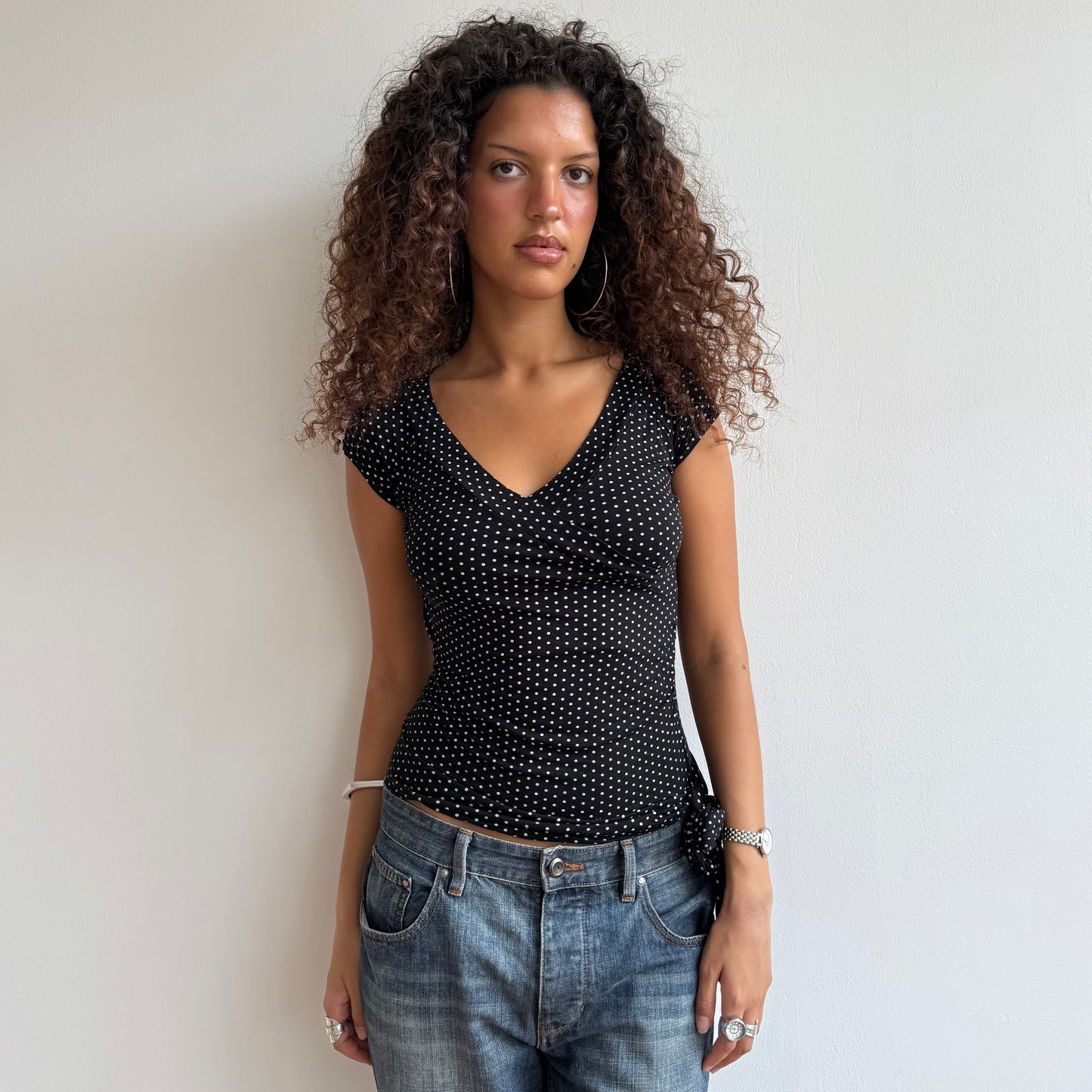 Micro polka dot tie side wrap top - Size M (1)