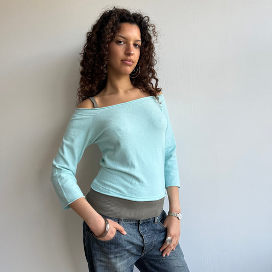 Blue + brown double layer knit - Size S/M