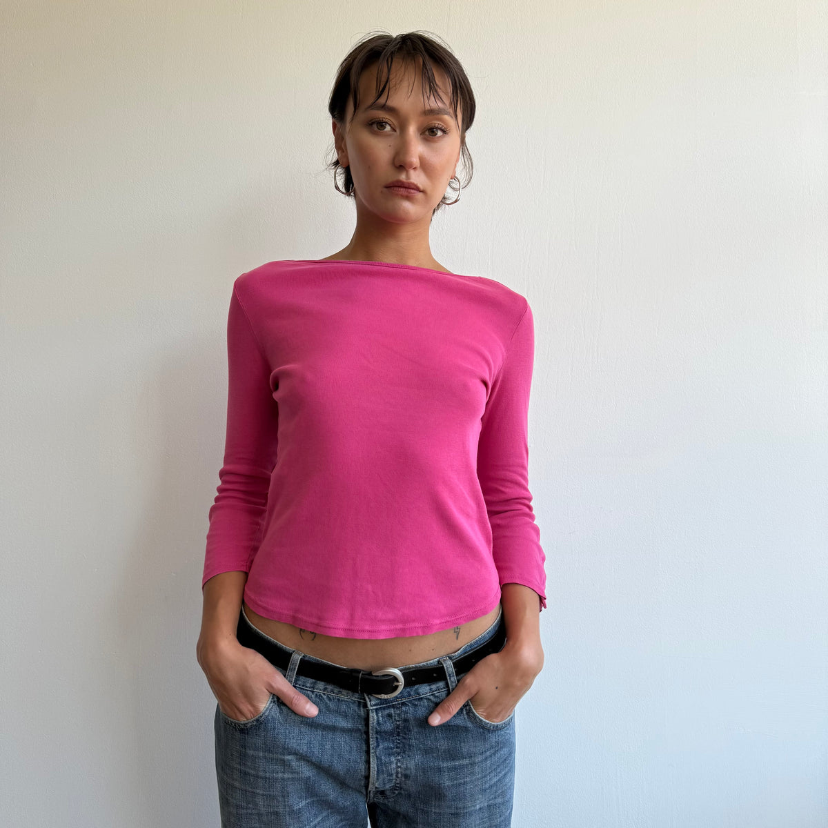 Hot pink 3/4 sleeve popper top - Size S