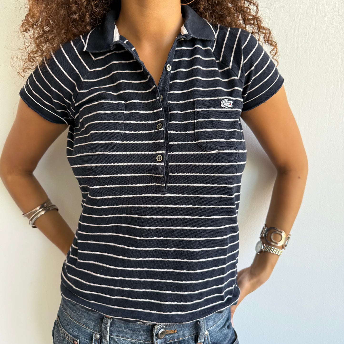 Navy striped Lacoste polo - Size M