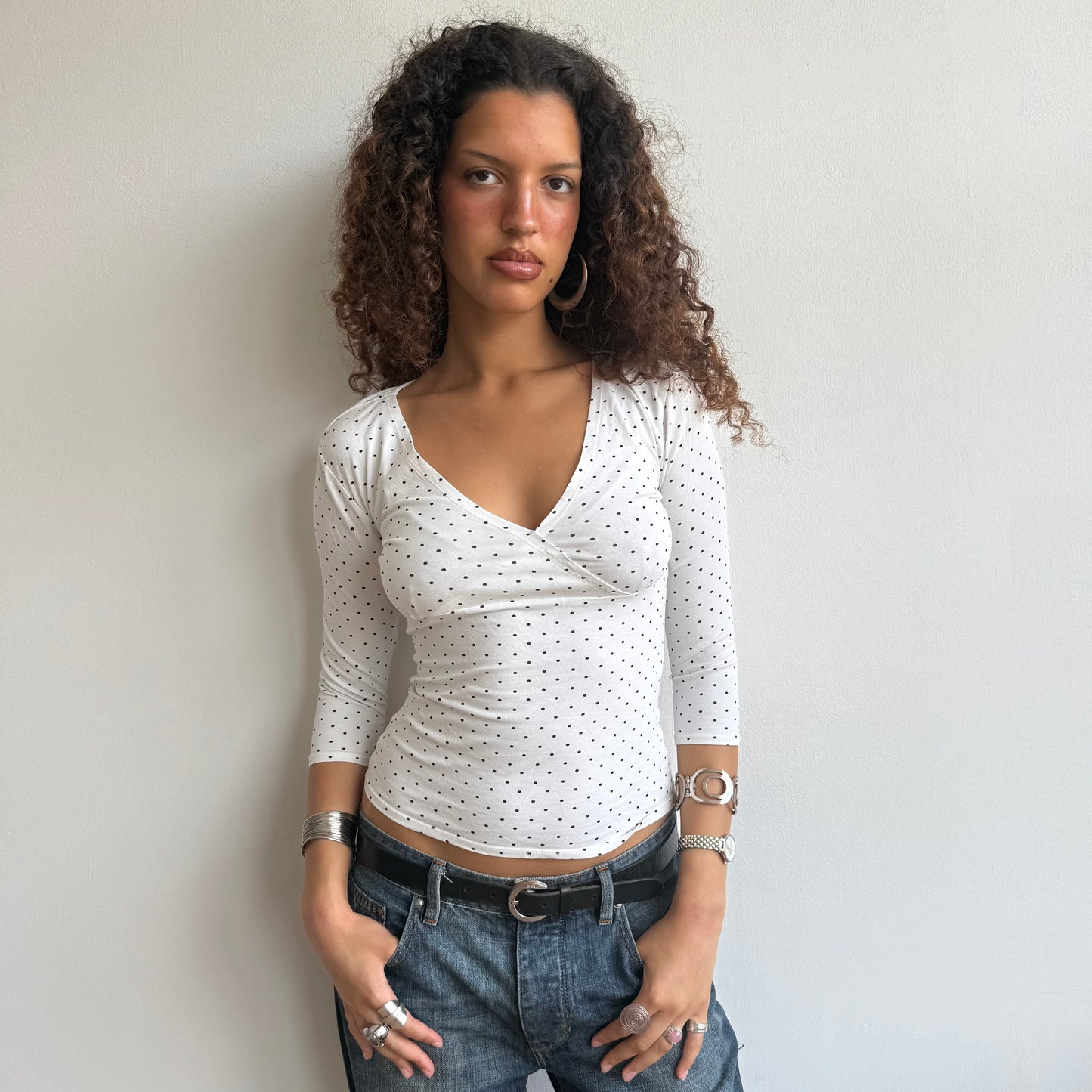 White micro polka dot wrap top - Size S