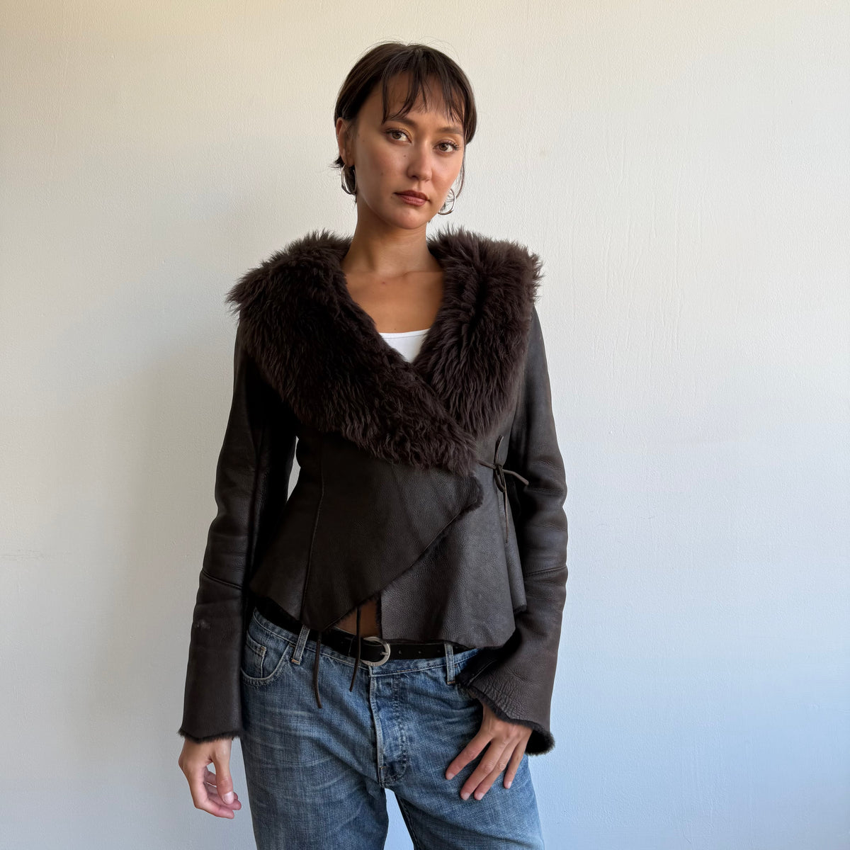 Brown leather fur tie afghan - Size S