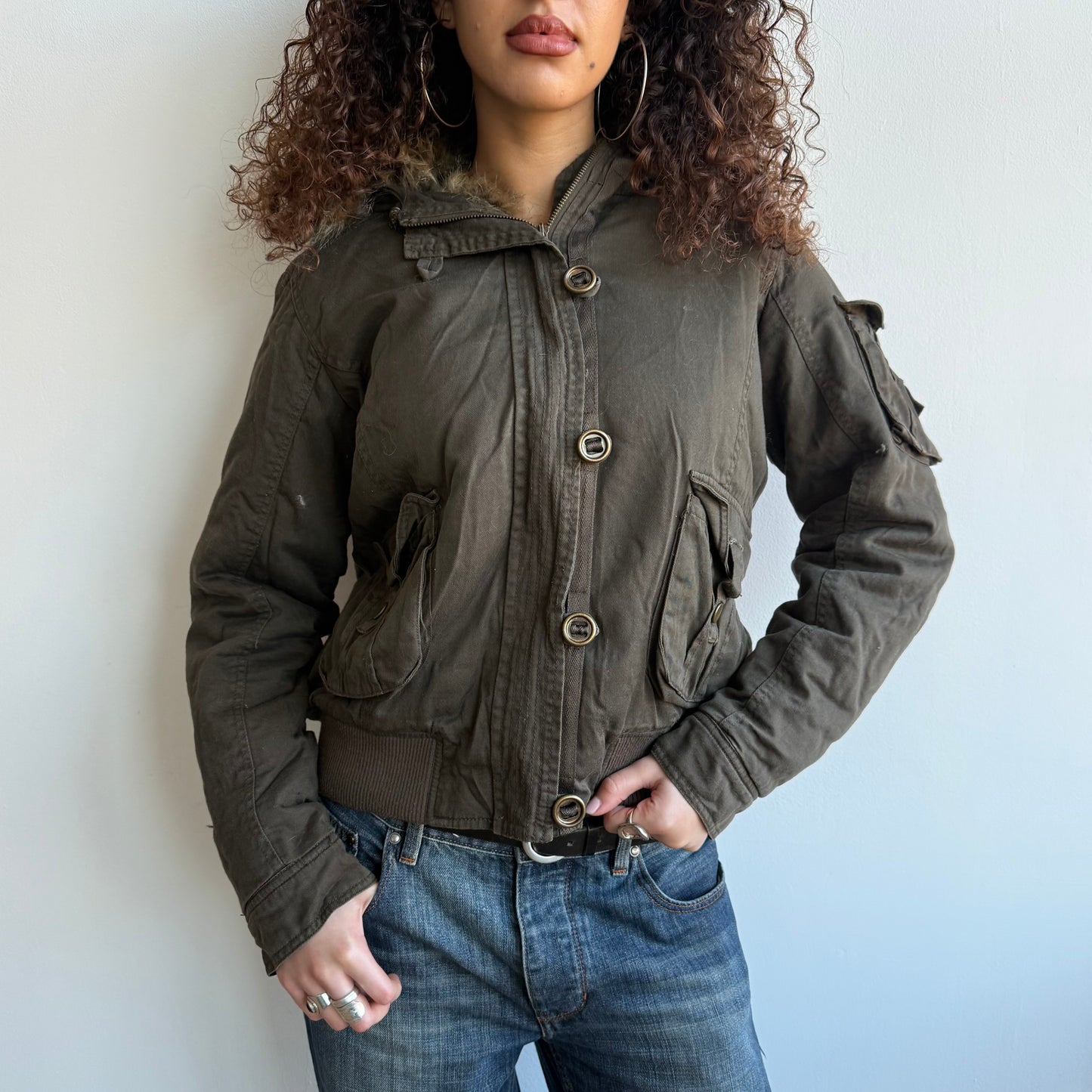 Khaki fur hood bomber - Size L