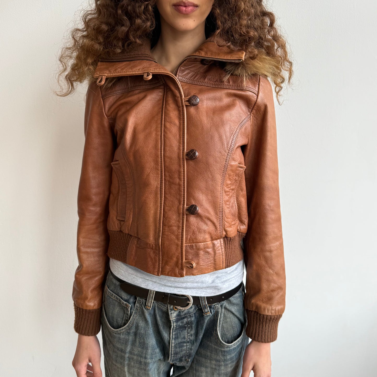 Brown leather fur hood bomber - Size S/M