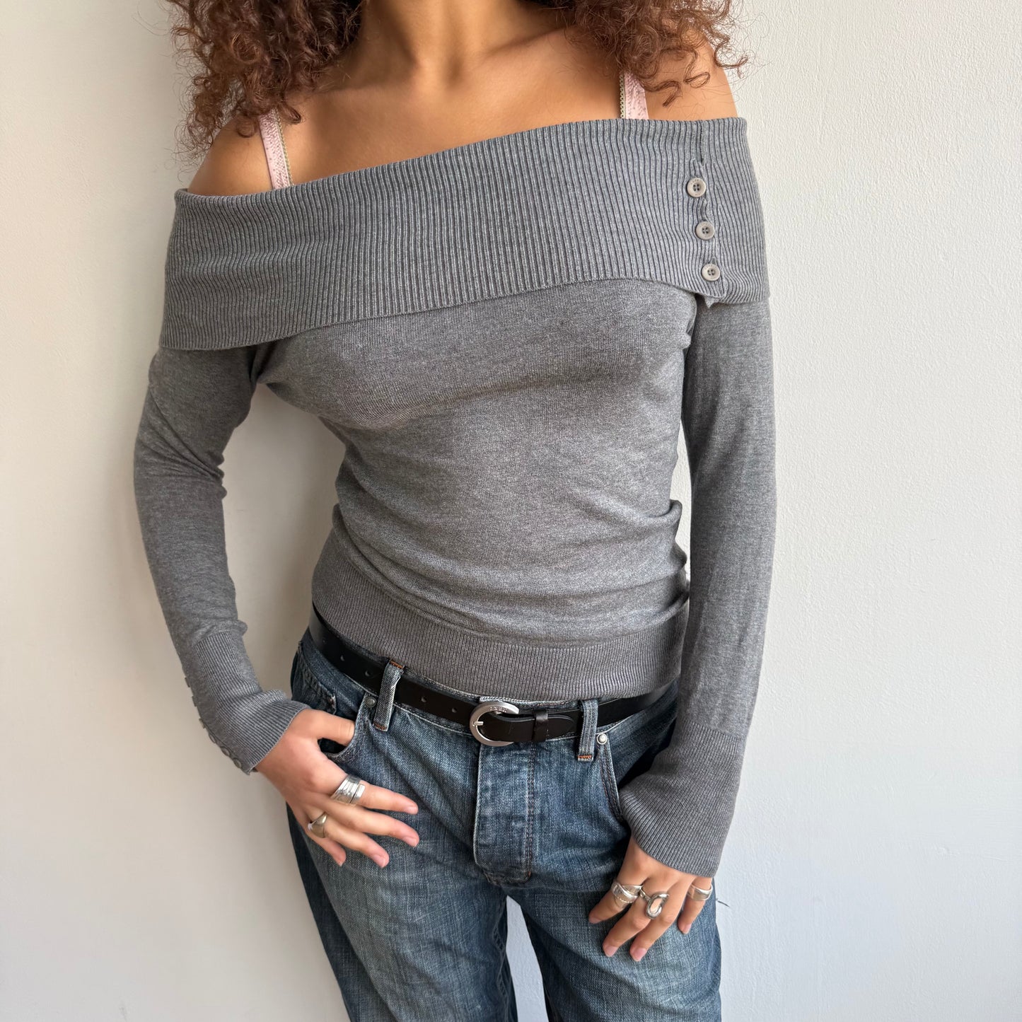 Grey button bardot knit - Size S