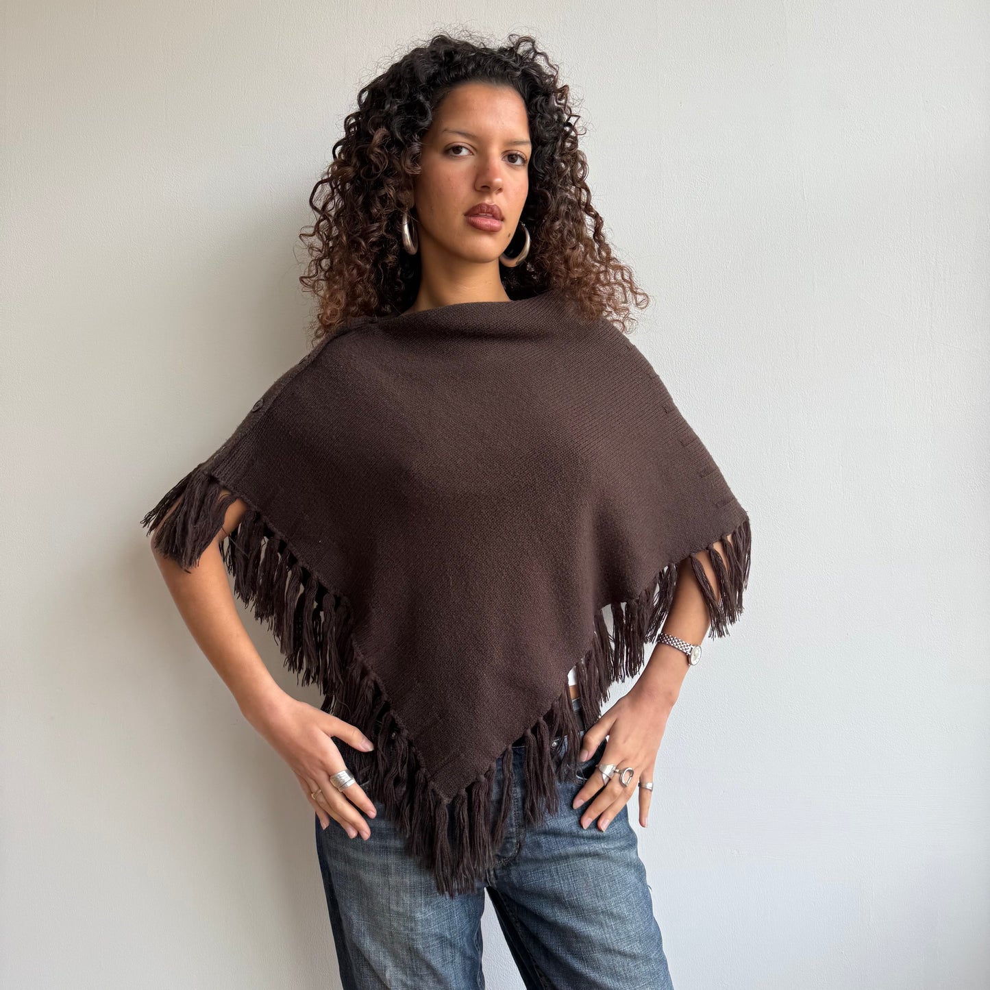 Brown tassel button poncho - One Size
