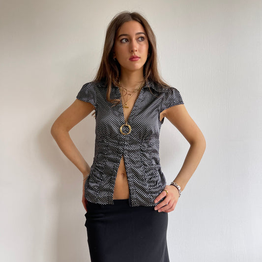 Black satin polka dot shirt - Size S