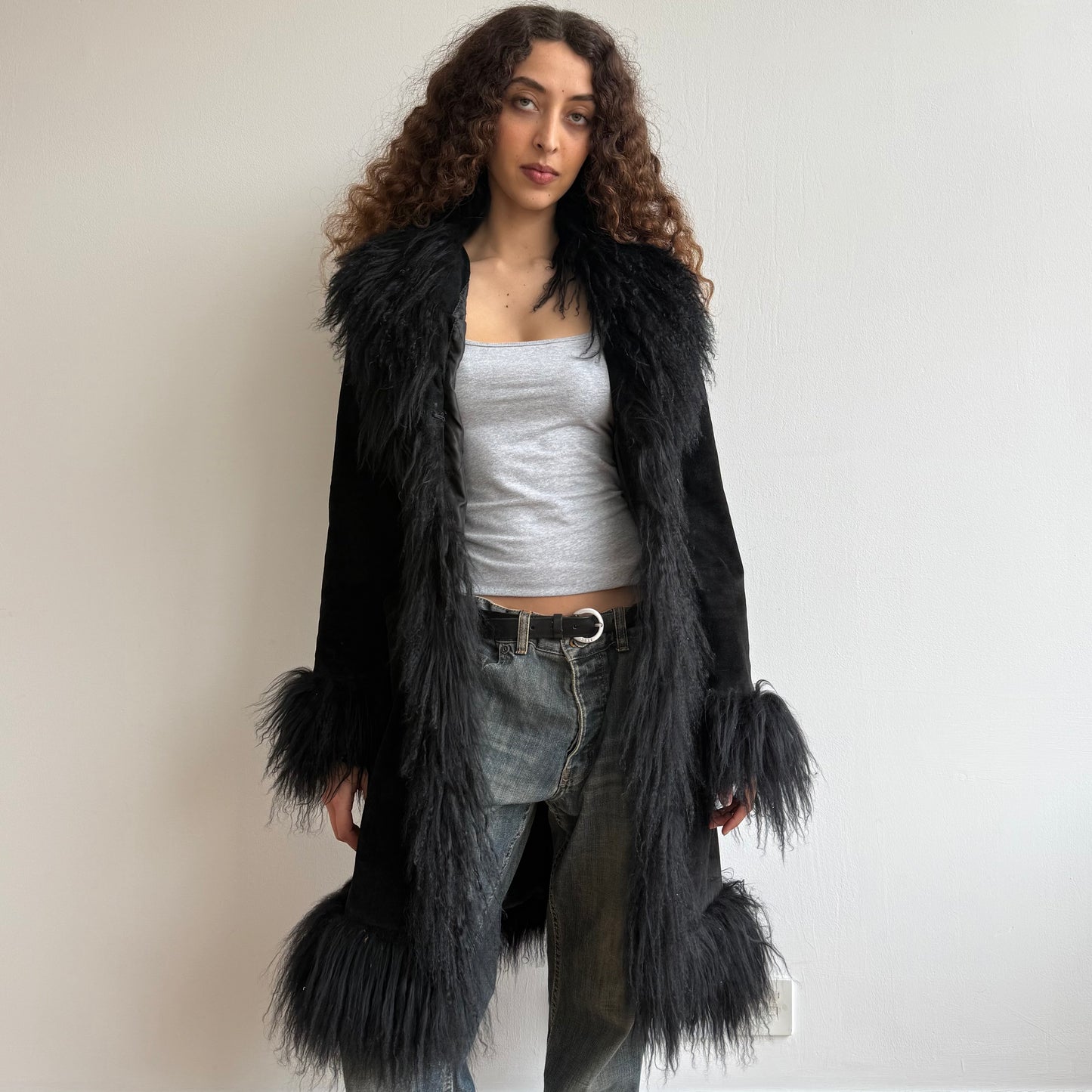 Black leather Afghan coat - Size M