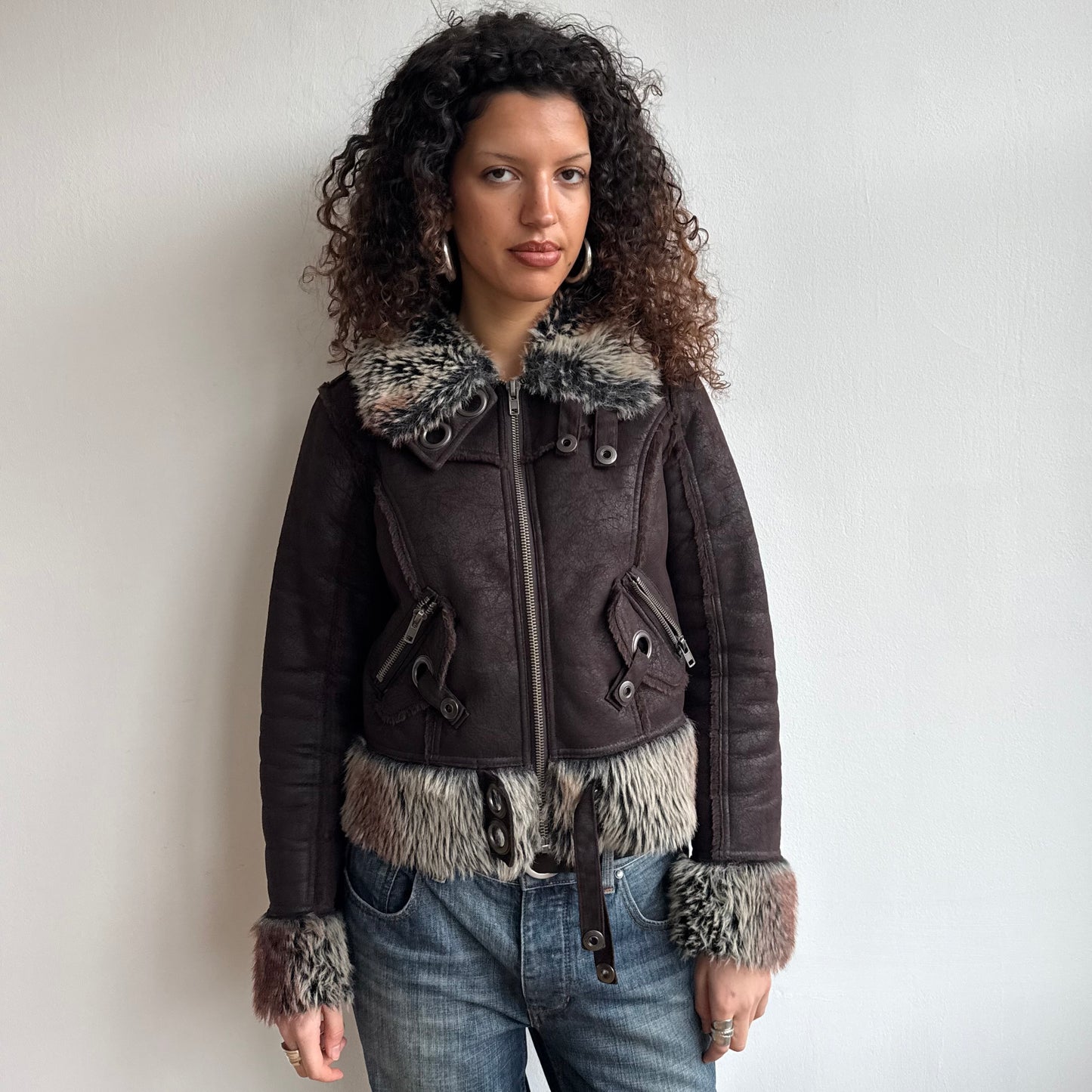 Brown faux fur cargo bomber - Size M