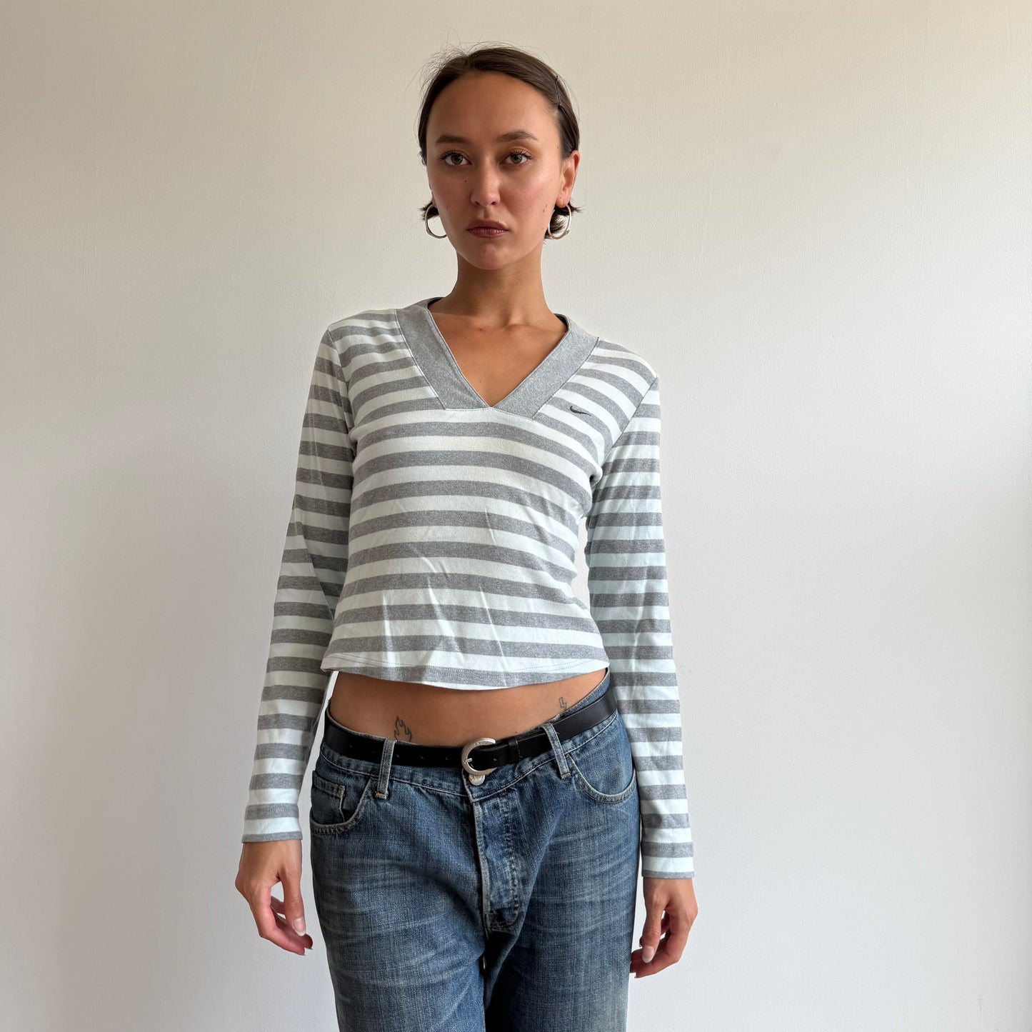 Grey Nike stripe v-neck top - Size S