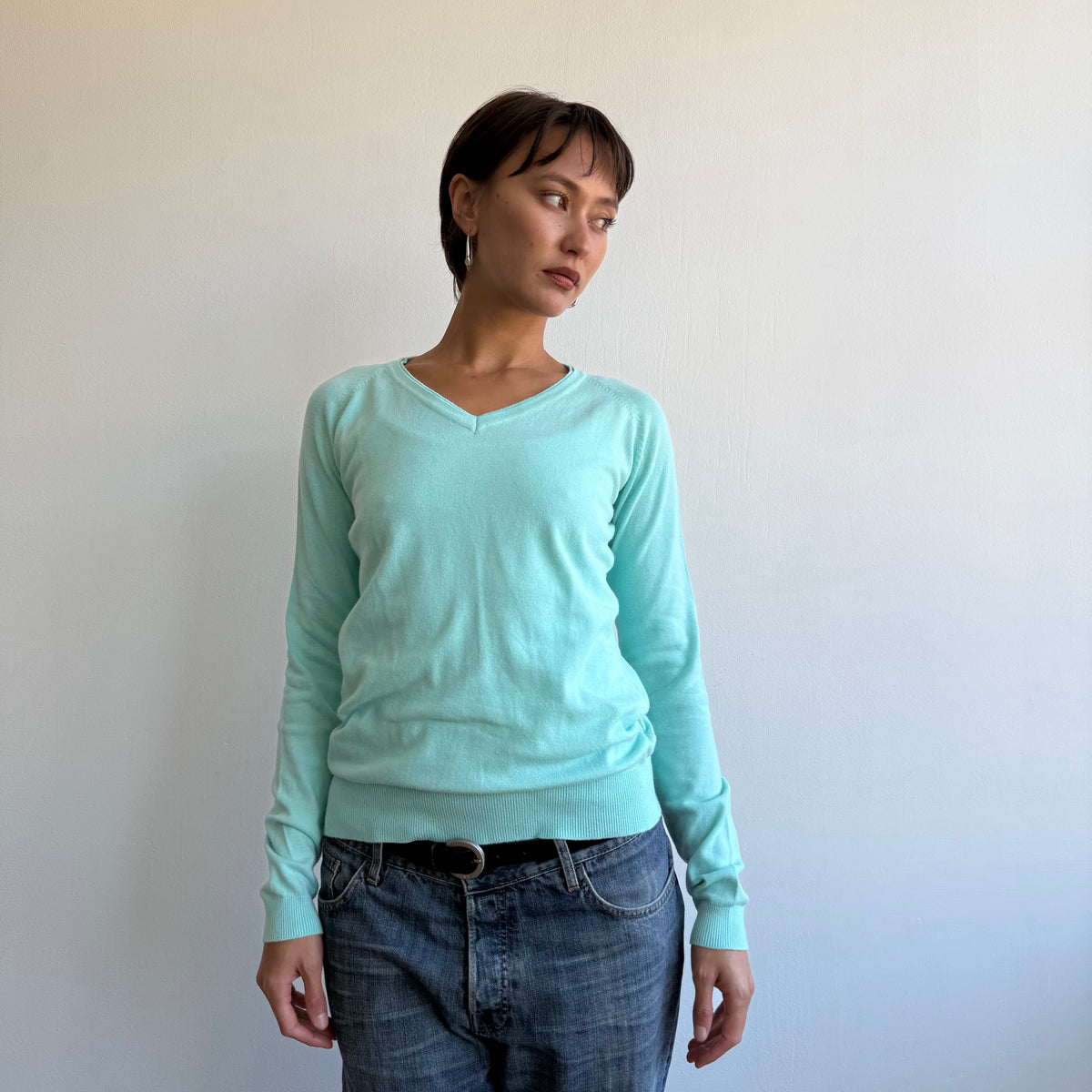 Turquoise v-neck knit jumper - Size M