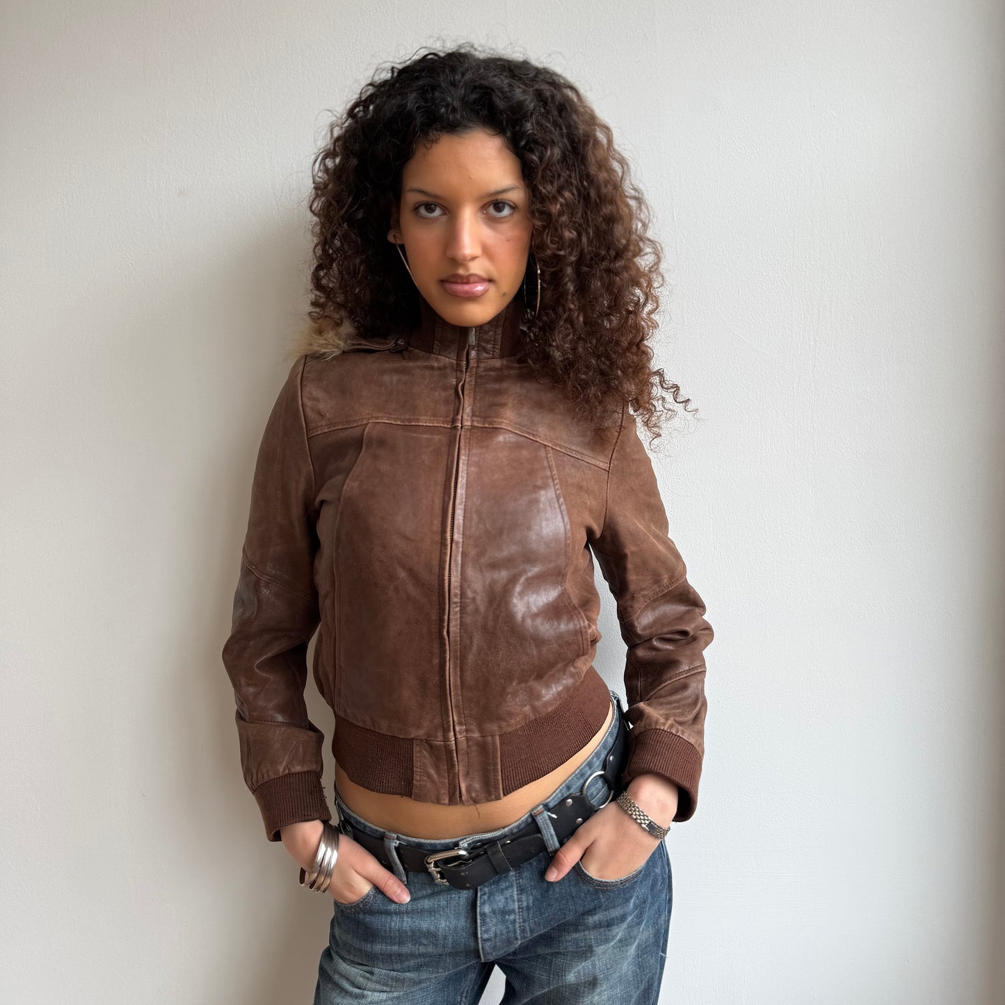 Brown leather bomber - Size S
