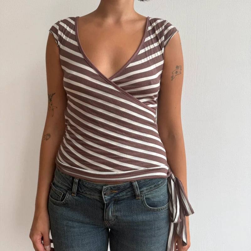 Brown and white striped ballet tie side top - Size S
