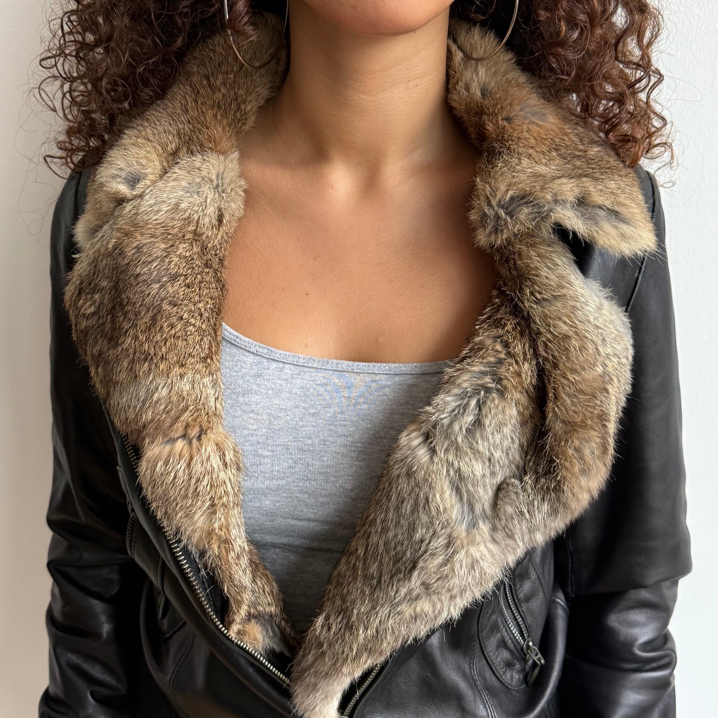 Black leather fur zip jacket - Size M