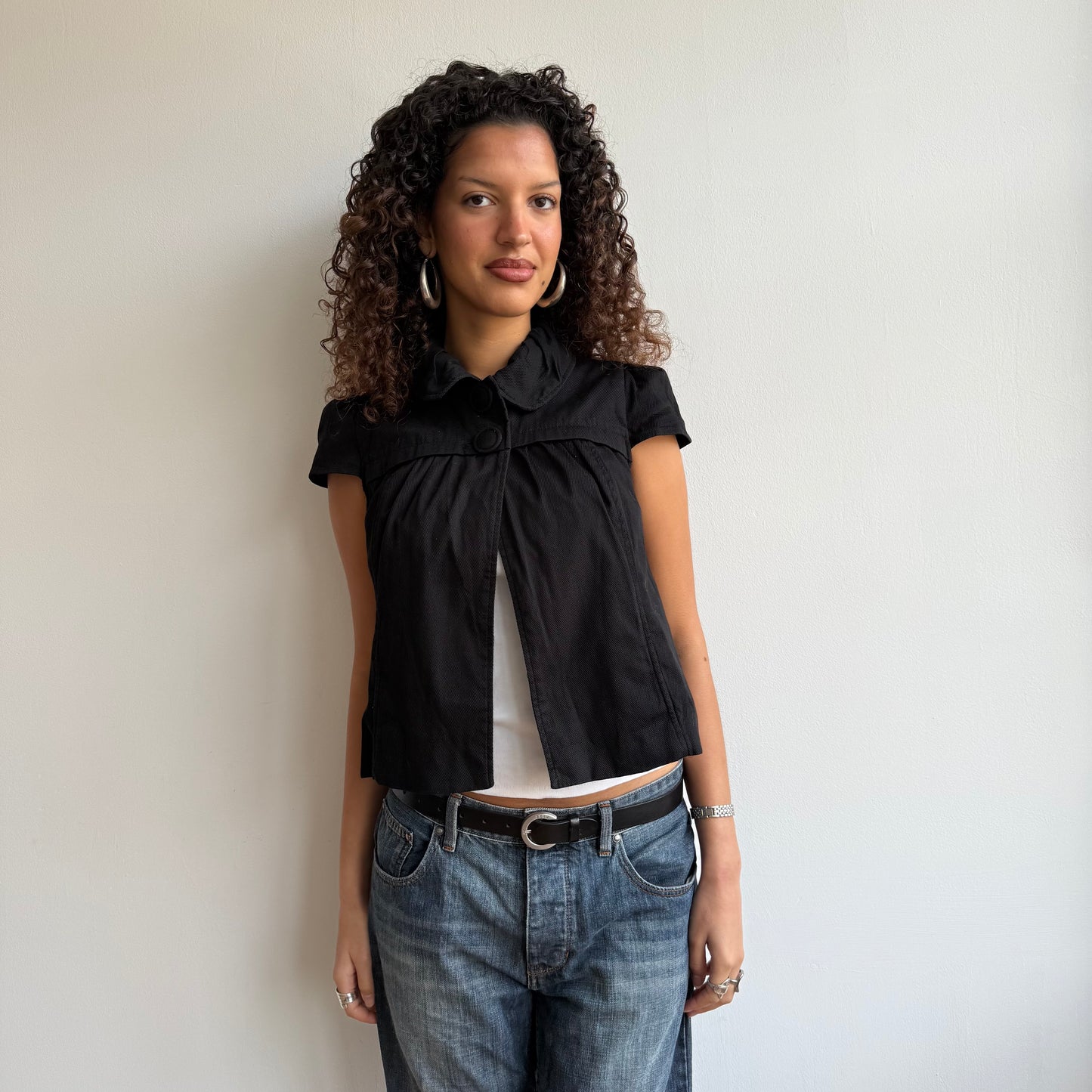 Black short sleeve button peacoat - Size XS, S + M