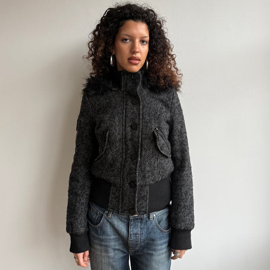 Black faux fur hood bomber - Size M