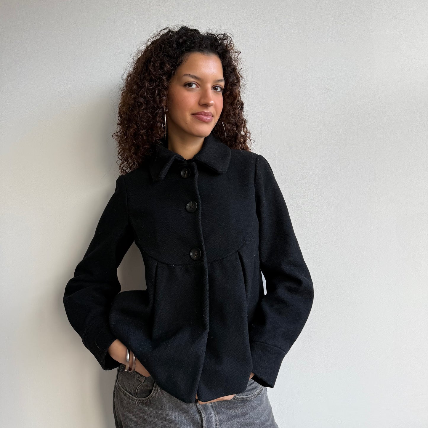 Black button wool swing coat - Size S