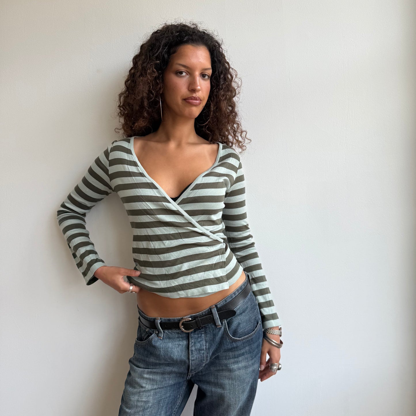 Green striped wrap tie-side top - Size S/M