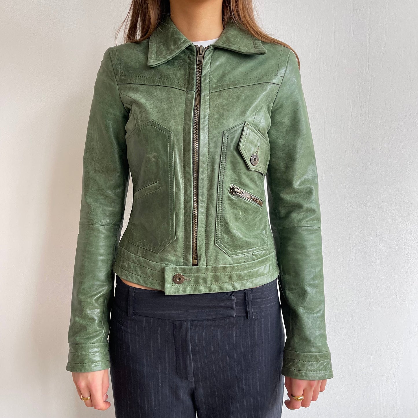 Green leather jacket - Size XS