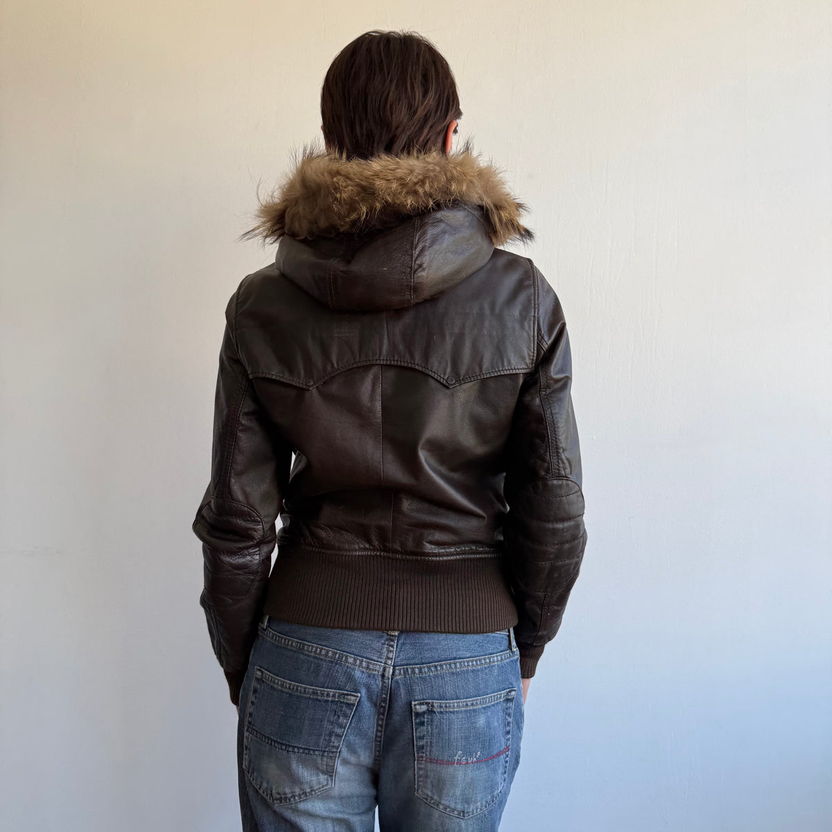 Brown leather fur hood bomber - Size S/M