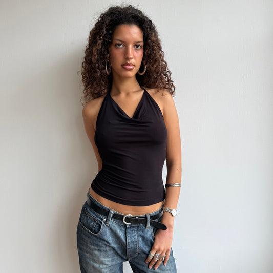Brown cowl neck slinky top - Size S