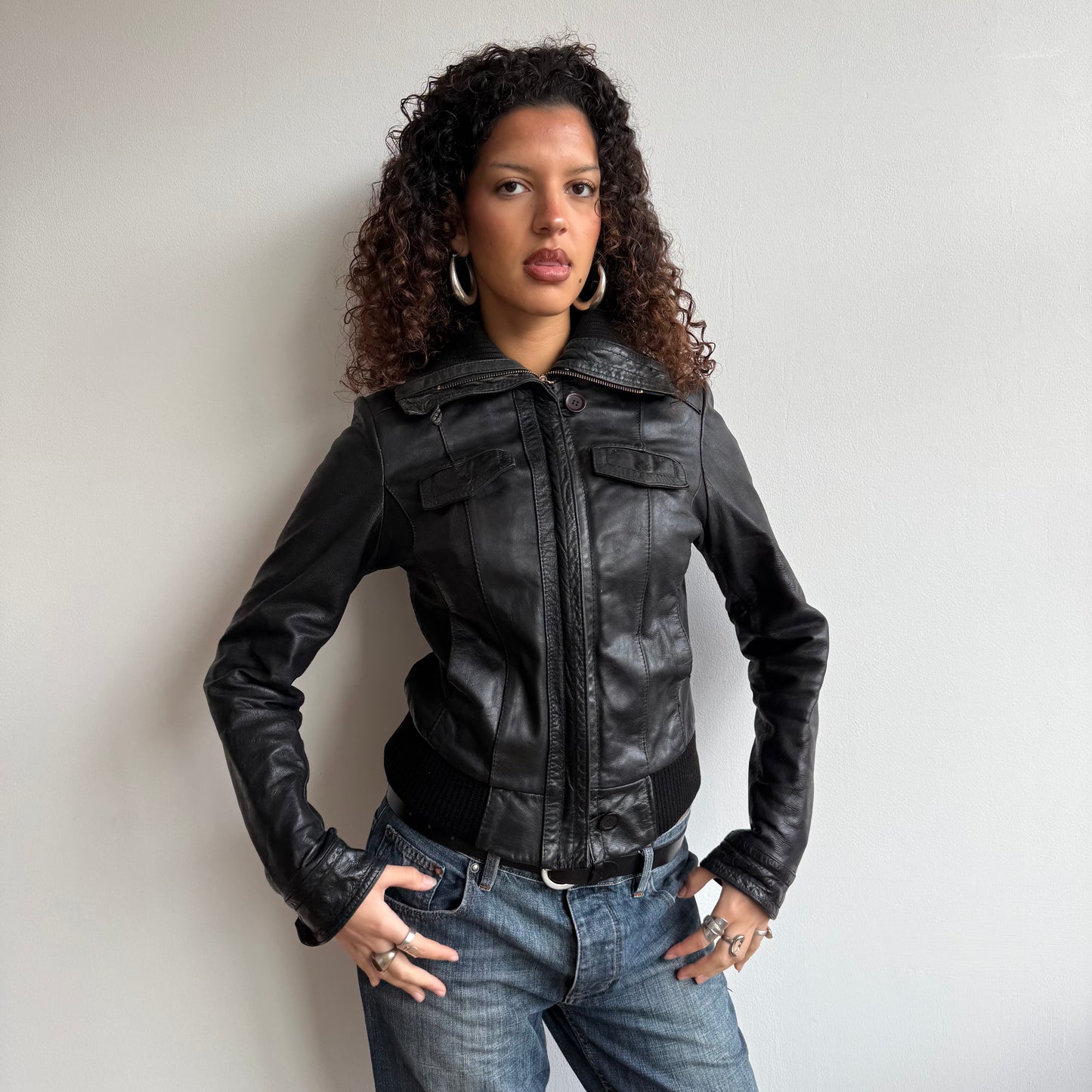 Black leather cargo jacket - Size S/M