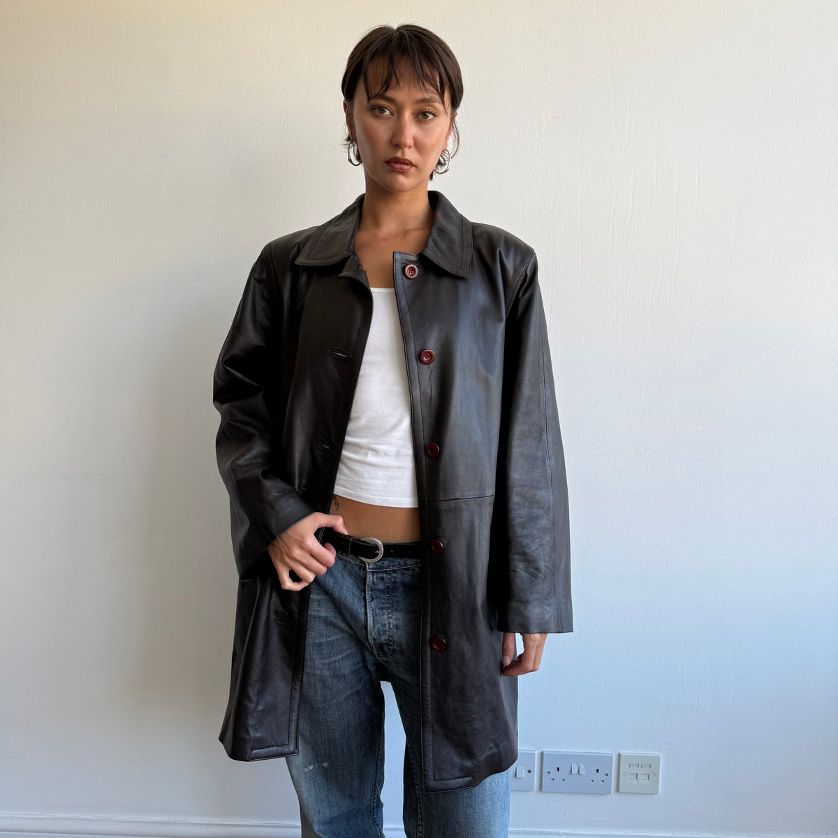 Brown leather mid length coat - Size L