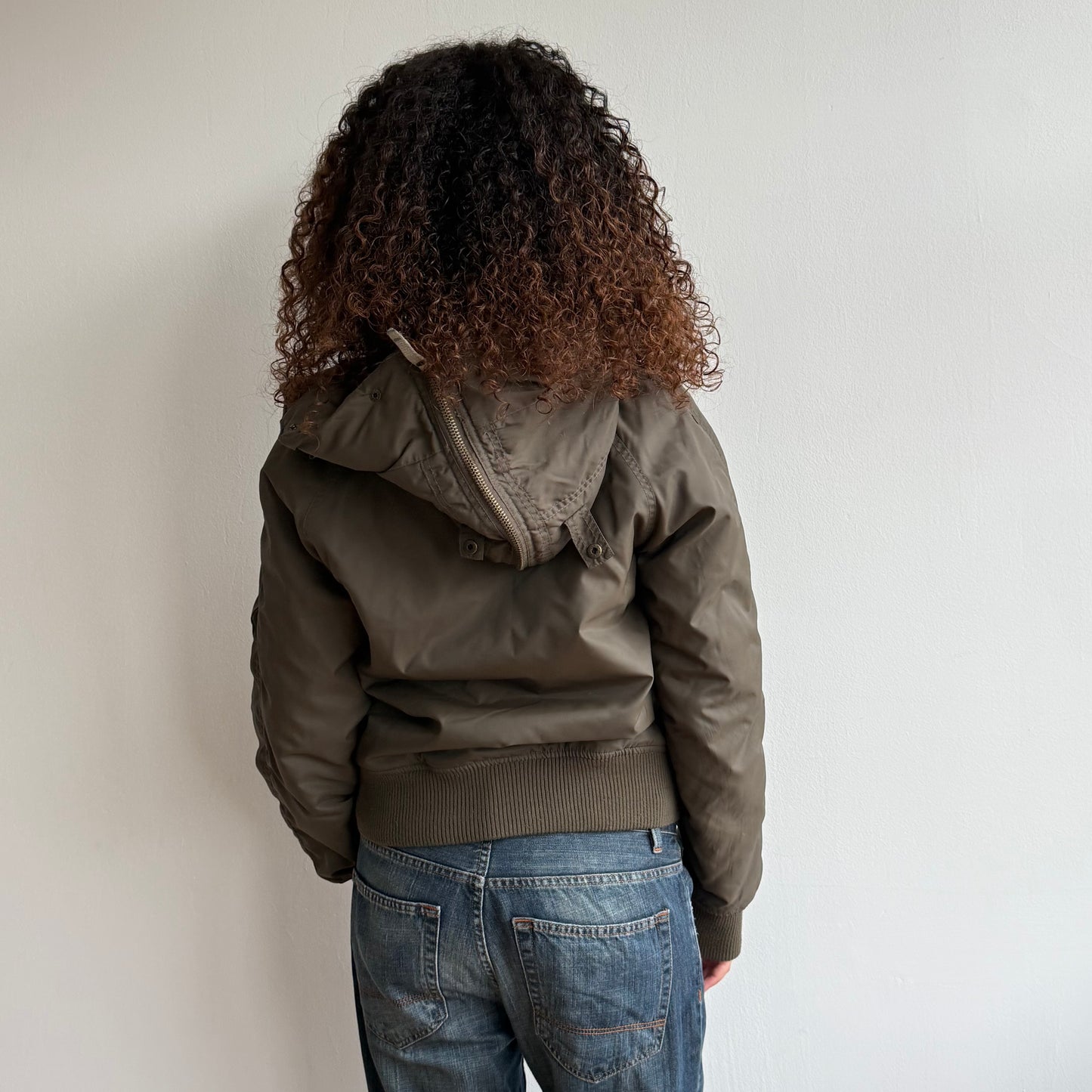 Khaki zip hood puffer bomber - Size M
